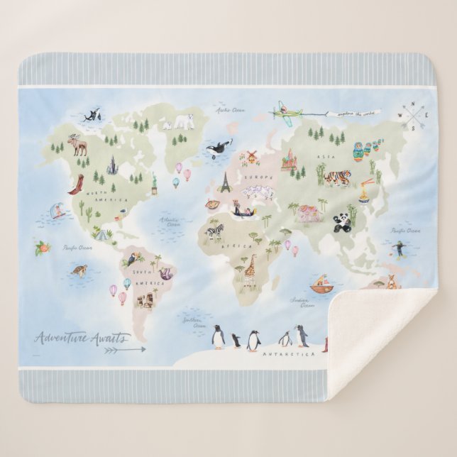 Adventure Awaits World Map Sherpa Blanket (Front (Horizontal))