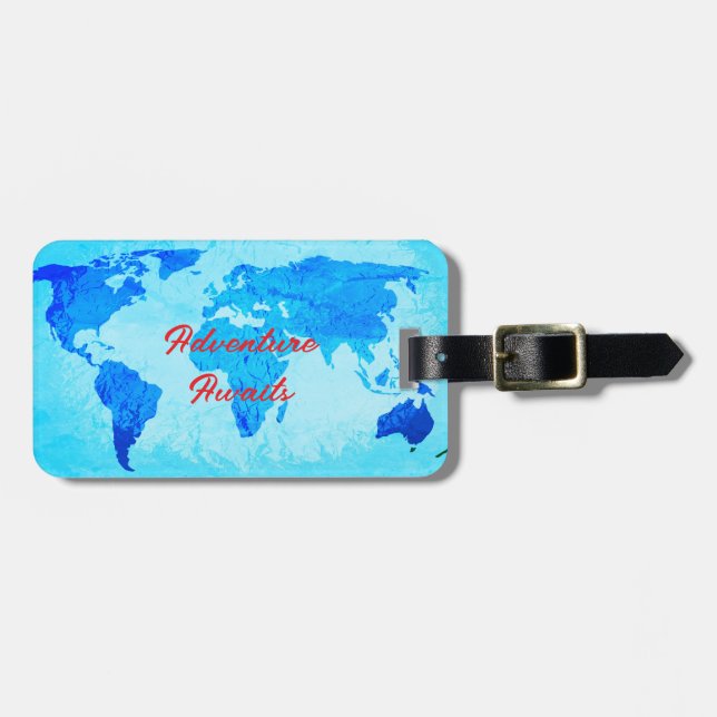 Adventure Awaits World Map Teal Blue Gift Favour Luggage Tag (Front Horizontal)