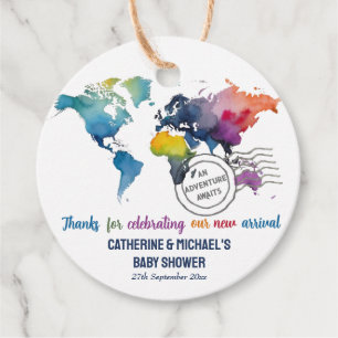 Adventure Awaits World Map Travel Baby Shower  Favour Tags
