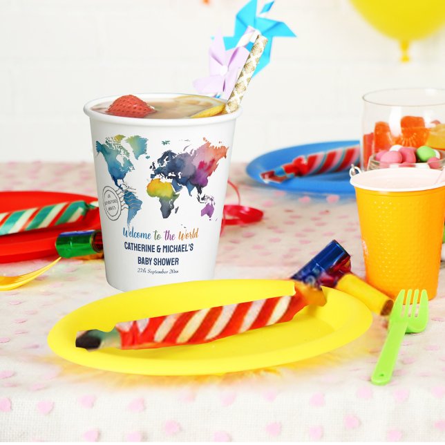 Adventure Awaits World Map Travel Baby Shower  Paper Cups (Creator Uploaded)