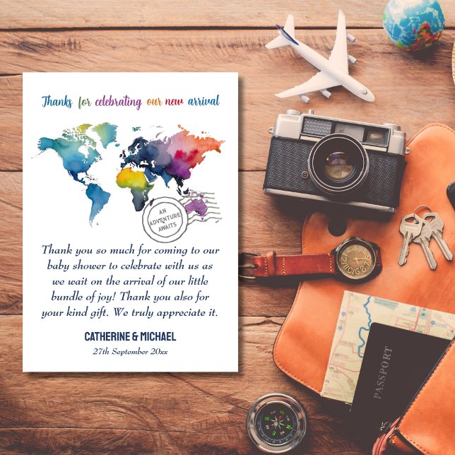 Adventure Awaits World Map Travel Baby Shower  Thank You Card (Creator Uploaded)