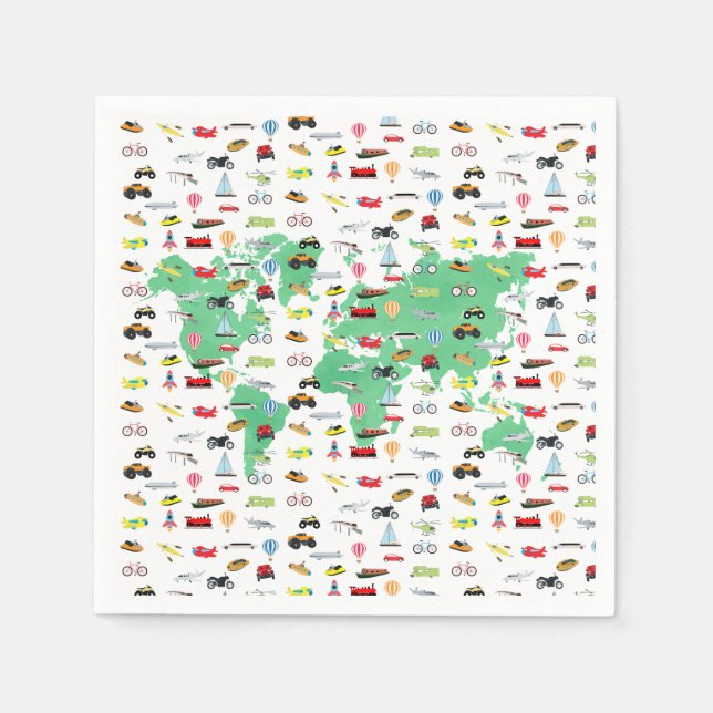 Adventure Awaits World Map Vehicles  Napkin (Front)