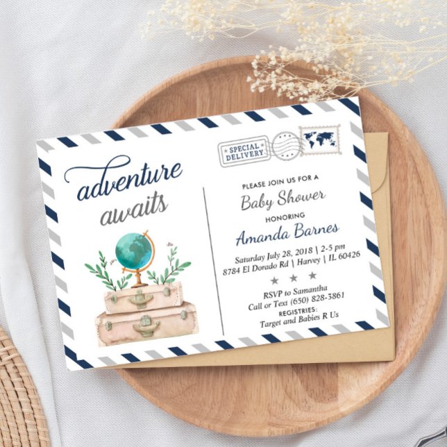 Adventure Awaits World Travel Baby Boy Shower Navy Invitation (Creator Uploaded)