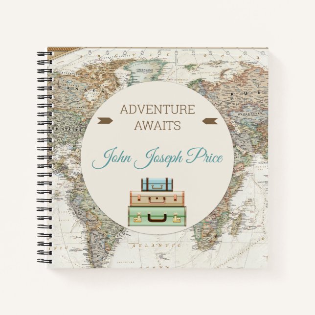 Adventure Awaits World Travel Map Modern Notebook (Front)