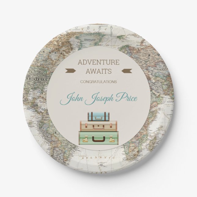 Adventure Awaits World Travel Map Modern Paper Plate (Front)