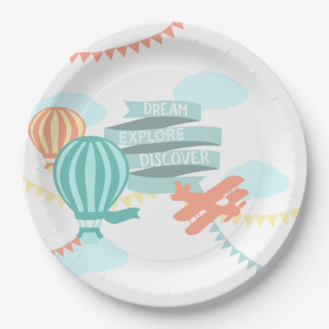 Adventure Baby Shower Aeroplane and Balloon Paper Plate (Front)