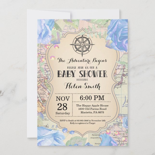 Adventure Baby Shower Blue Floral Map Travel World Invitation (Front)