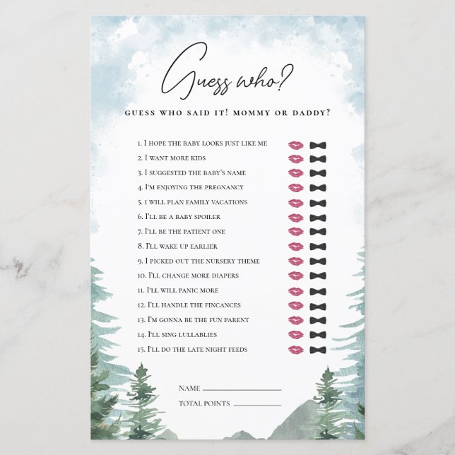 Adventure Baby Shower Guess Mummy or Daddy Game (Front)