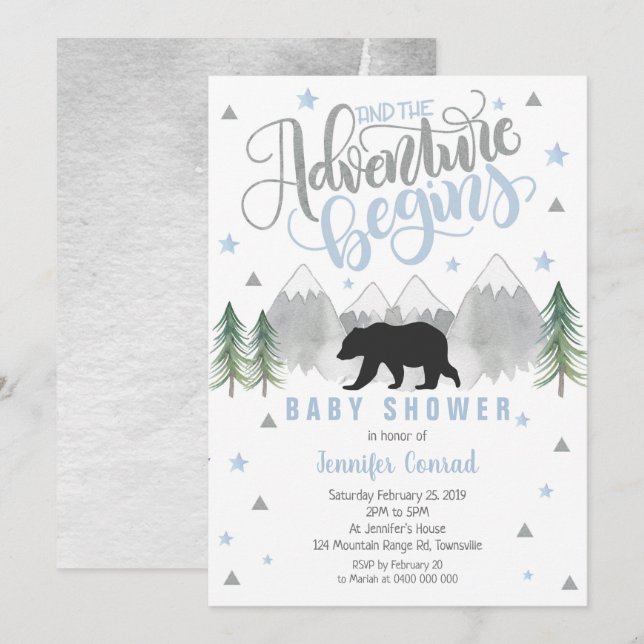 Adventure Baby Shower Invitation, Black Bear Baby Invitation (Front/Back)