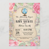 Adventure Baby Shower Pink Floral Map Travel World