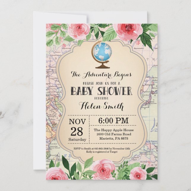 Adventure Baby Shower Pink Floral Map Travel World Invitation (Front)