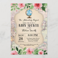 Adventure Baby Shower Pink Floral Map Travel World
