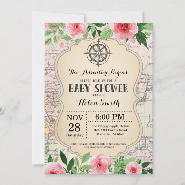 Adventure Baby Shower Pink Floral Map Travel World Invitation (Front)