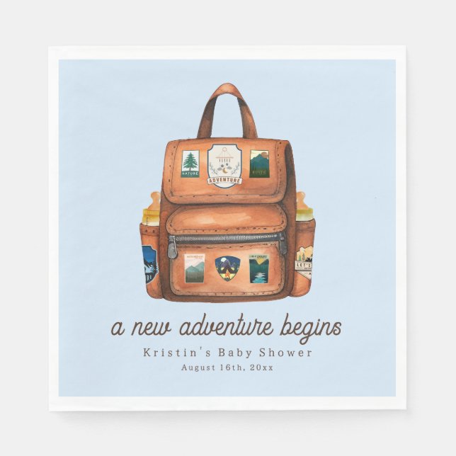 Adventure Backpack + Bottles Blue Baby Shower Napkin (Front)