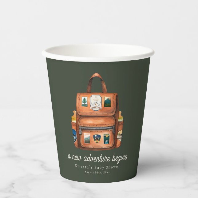 Adventure Backpack + Bottles Green Baby Shower Paper Cups (Front)
