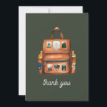 Adventure Backpack   Bottles Green Baby Shower Thank You Card<br><div class="desc">Adventure themed baby shower featuring illustration of a brown leather backpack adorned with wilderness,  camping,  and hiking themed patches with two baby bottles in side pockets.  Background is dark green.</div>