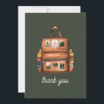 Adventure Backpack   Bottles Green Baby Shower Thank You Card<br><div class="desc">Adventure themed baby shower featuring illustration of a brown leather backpack adorned with wilderness,  camping,  and hiking themed patches with two baby bottles in side pockets.  Background is dark green.</div>