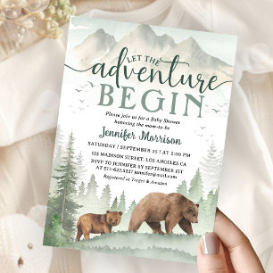 Adventure Begin Baby Shower Bear Woodland Forest Invitation