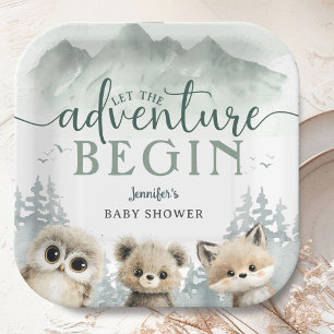 Adventure Begin Baby Shower Woodland Mountain Paper Plate