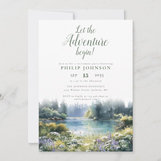 Adventure Begin Forest Lake Retirement Party Invitation (Front)