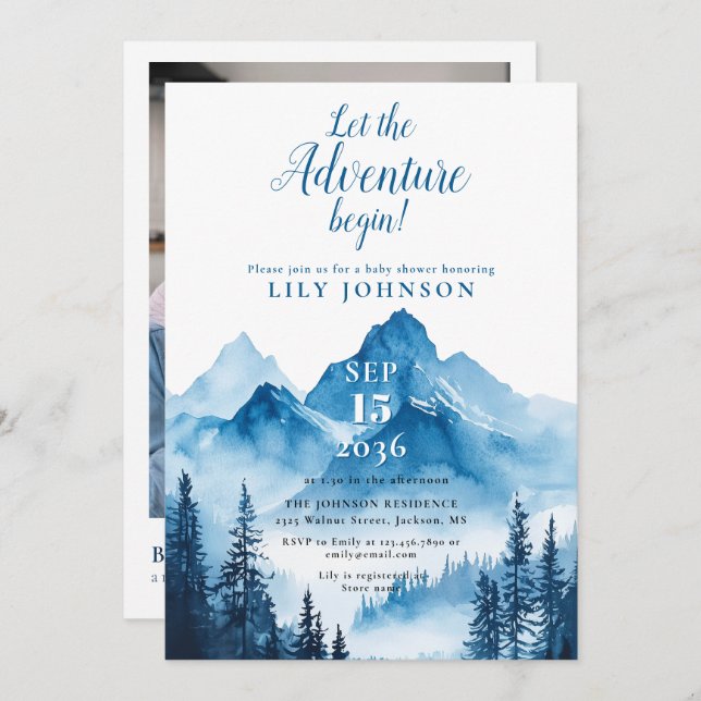 Adventure Begin Mountain Baby Shower Photo QR Code Invitation (Front/Back)