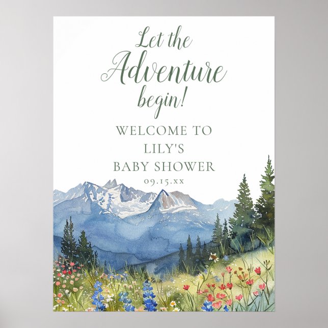 Adventure Begin Mountain Baby Shower Welcome Sign (Front)