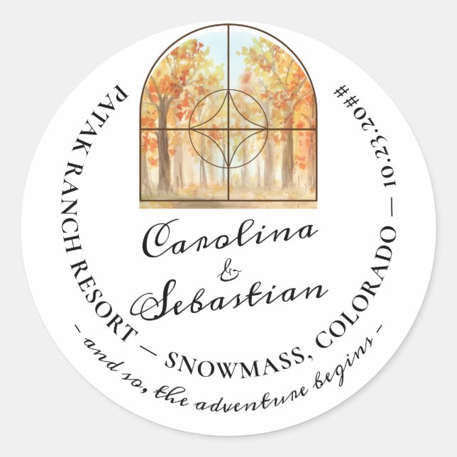 Adventure Begin Mountain Forest Landscape Wedding Classic Round Sticker (Front)