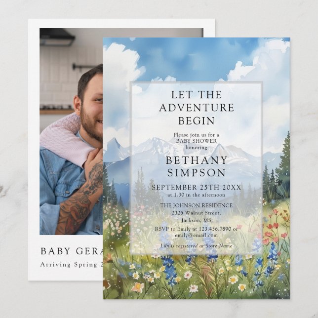 Adventure Begin Mountain Photo QR Code Baby Shower Invitation (Front/Back)