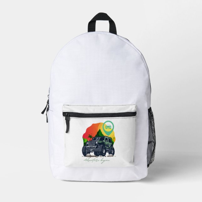 adventure begin, offroad printed backpack (Front)
