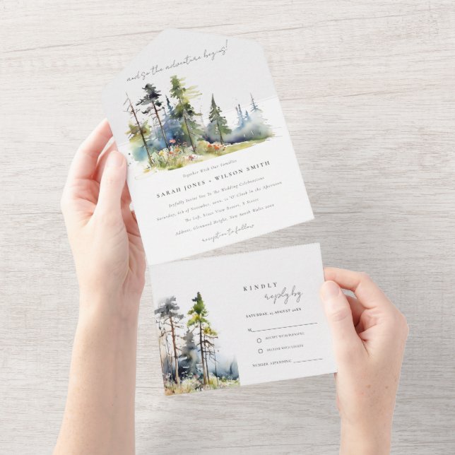 Adventure Begin Pine Forest Landscape Wedding All In One Invitation (Tearaway)