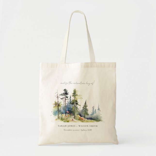 Adventure Begin Pine Forest Landscape Wedding Tote Bag (Front)