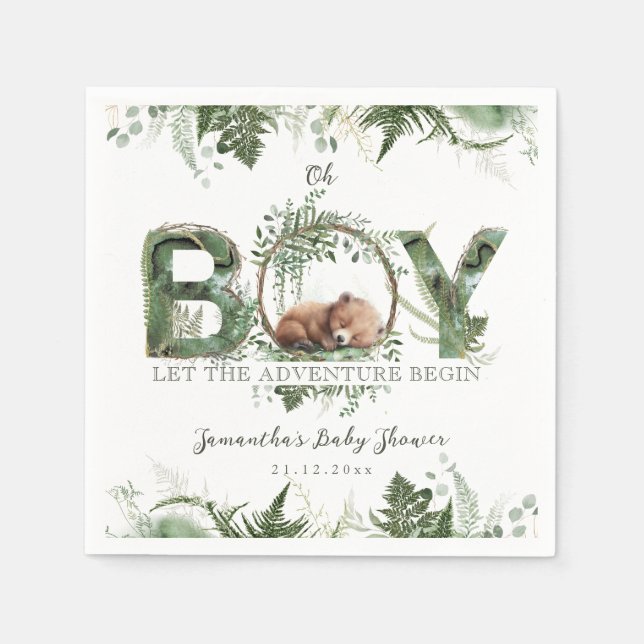 Adventure Begin Woodland Bear Baby Boy Shower Napkin (Front)