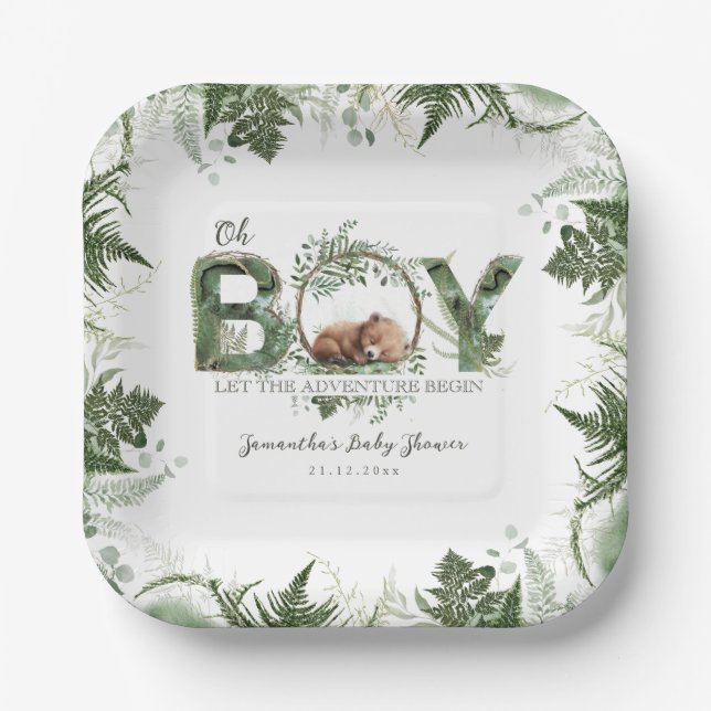 Adventure Begin Woodland Bear Baby Boy Shower Paper Plate (Front)