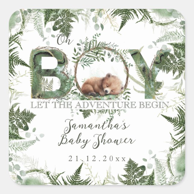 Adventure Begin Woodland Bear Baby Boy Shower Square Sticker (Front)