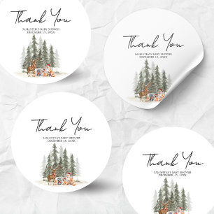 Adventure Begin Woodland Winter Baby Shower Classic Round Sticker
