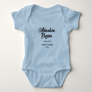 Adventure begins 1st birthday name date simple min baby bodysuit
