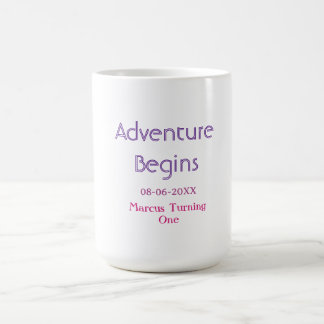 Adventure begins 1st birthday name date simple min coffee mug