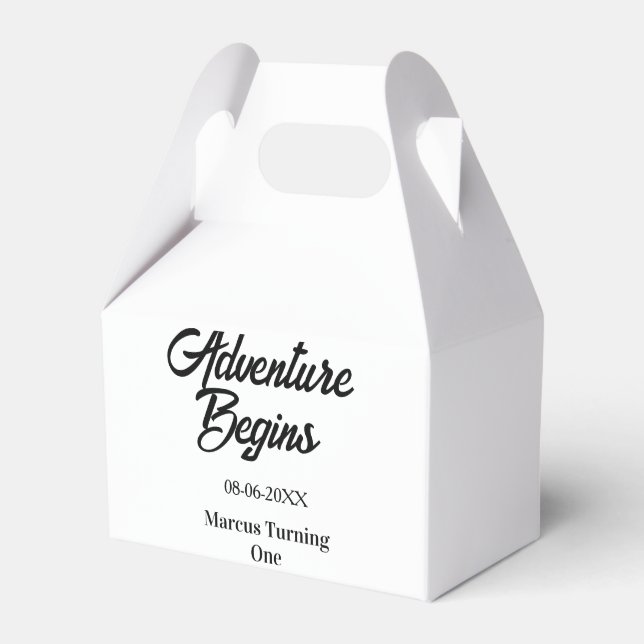 Adventure begins 1st birthday name date simple min favour box (Front Side)