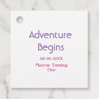 Adventure begins 1st birthday name date simple min favour tags