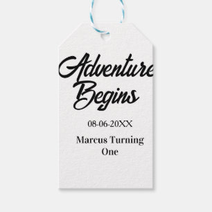 Adventure begins 1st birthday name date simple min gift tags