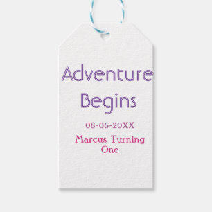 Adventure begins 1st birthday name date simple min gift tags