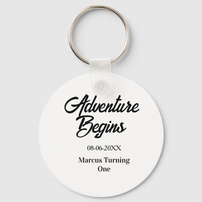 Adventure begins 1st birthday name date simple min key ring (Front)