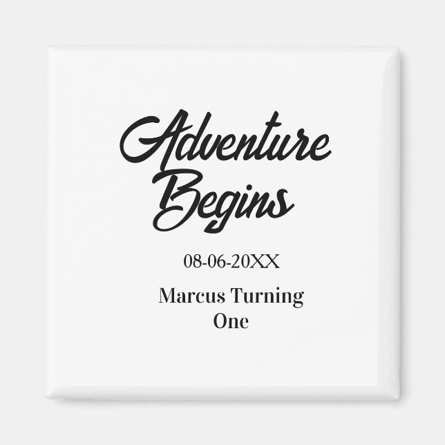 Adventure begins 1st birthday name date simple min magnet (Front)