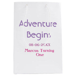 Adventure begins 1st birthday name date simple min medium gift bag