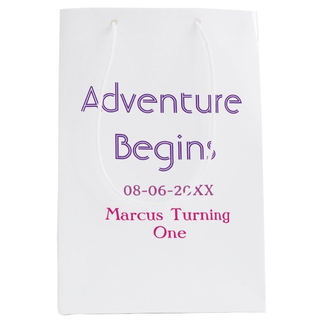 Adventure begins 1st birthday name date simple min medium gift bag (Front)