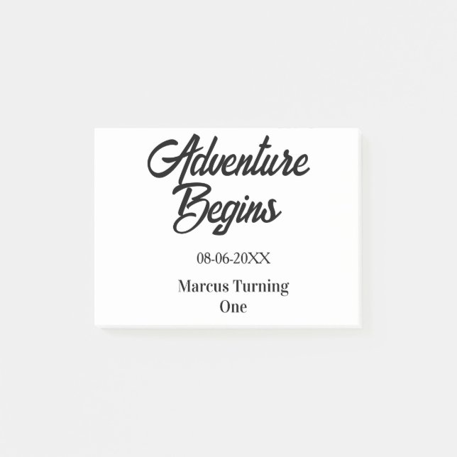 Adventure begins 1st birthday name date simple min post-it notes (Front)