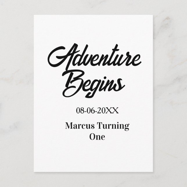 Adventure begins 1st birthday name date simple min postcard (Front)