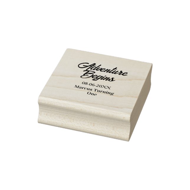 Adventure begins 1st birthday name date simple min rubber stamp (Stamp)