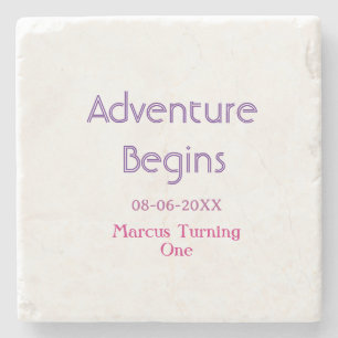 Adventure begins 1st birthday name date simple min stone coaster