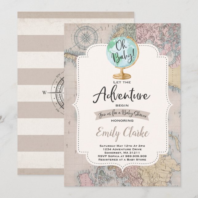 Adventure Begins Baby Shower Invitation Map Shower (Front/Back)